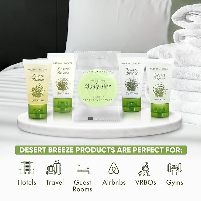 Desert Breeze Hotel Soaps and Toiletries Bulk Set | 1oz Hotel Shampoo & Conditioner, Body Wash, Body Lotion & Bar Soap | Full Pallet 49 cases with 300 units each - 14,700 pieces-Velvo Beauty