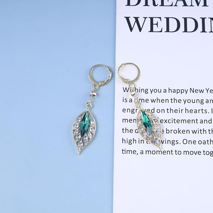 Vintage Emerald Leaf Earrings Rhinestone Leaf Drop Earrings Green Emerald Dangle Earrings Gold Crystal Leaf Hoop Earrings Jewelry for Women-Velvo Beauty