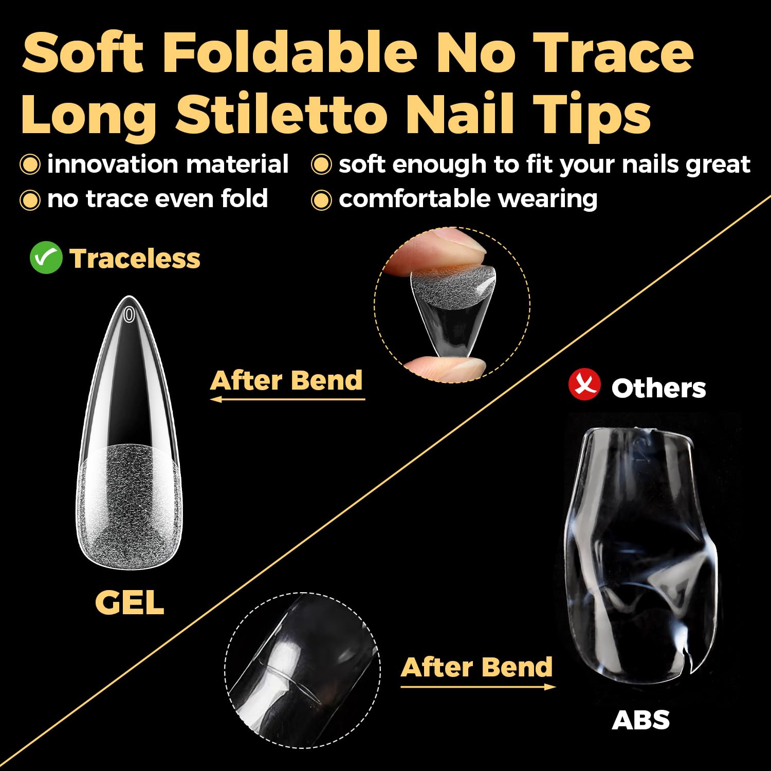 UNA GELLA Halloween Long Stiletto Gel Nail Tips, 600Pcs Pre Etched Long Stiletto Almond Nail Tips Clear Fake Nails Press on Nails No C Curve for DIY Art Salon at Home 12 Sizes-Velvo Beauty