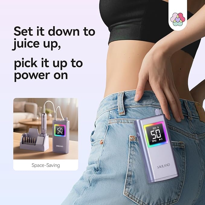 SAVILAND Advanced 50000 RPM Nail Drill Professional: 10S Fast Removal Electric Nail File Portable Nail Filer Electric with Rechargeable Electric Nail Drill Bits Pro Acrylic Nail Manicure Nail Tools-Velvo Beauty