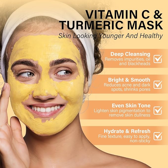 Turmeric Vitamin C Clay Mask -Turmeric Facial Mask - Brightening Clay Face Mask Skincare, Deep Cleansing Face Mask, Acne Face Mask for for Dark Spots, Dull Skin, Refining Pores and Controlling Oil-Velvo Beauty