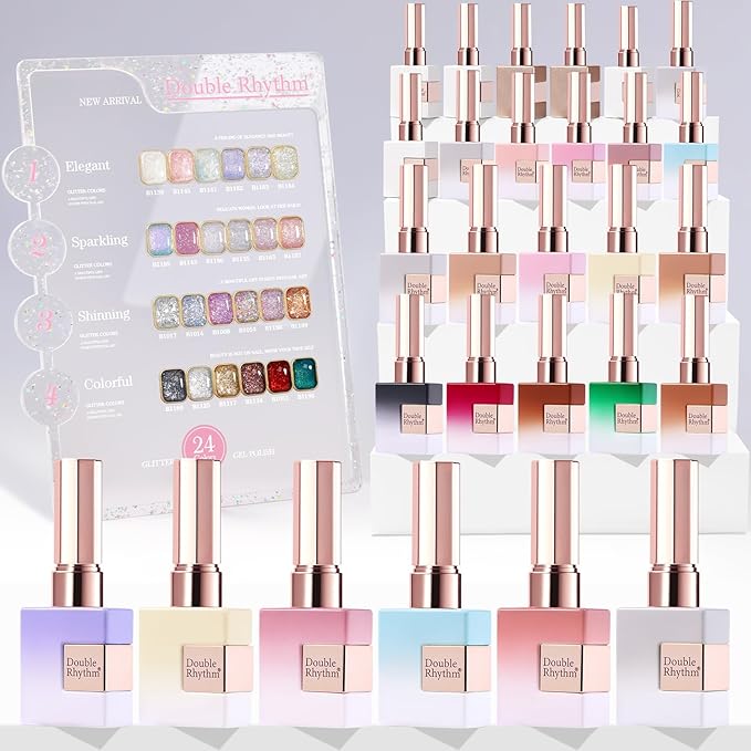 Double Rhythm 28Pcs 0.5Oz Glitter Gel Nail Polish Set Same Color Same Bottle Soak Off Gel Polish Kit Nail Art Manicure Salon DIY at Home (Sparkle Pearl Shimmer Collection-T24-9)-Velvo Beauty