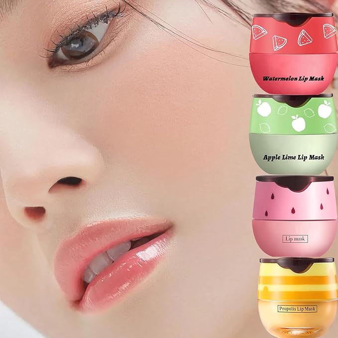 4 PCS Bee Lip Balm Lip Mask Honey Pot, Honey & Strawberry & Watermelon & Apple Lime Lip Mask Overnight Propolis Moisturizing Lip Balm with Stick, Hydrating Lip Sleeping Mask Prevention Dry & Cracked-Velvo Beauty