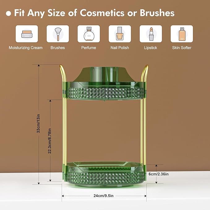 Awenia Rotating Makeup Organizer 360, Stackable Adjustable Large Capacity Cosmetic Storage Unit,Dresser Bathroom Kitchen Countertop Organizer with Metal Handle, Plus Size (Gem Green, 2 Tier)-Velvo Beauty