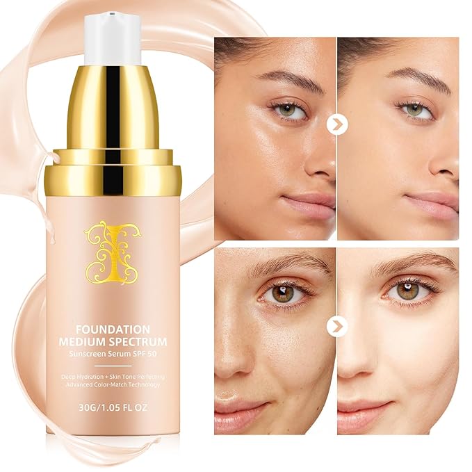 Colour Changing Foundation Liquid 4 in 1, Oil-free BB Cream Makeup, Hydrating Longwearing & Waterproof Concealer, SPF 50+ Makeup Base Nude Face, Foundation Medium Spectrum for all Skin(2PCS)-Velvo Beauty