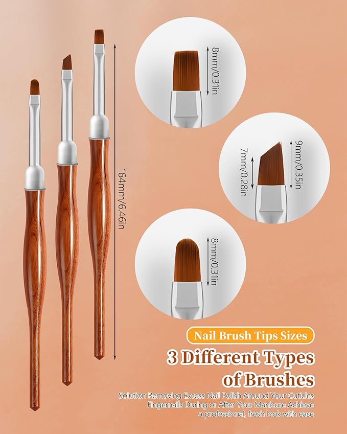 3PCS Nail Art Clean Up Brushes, Round/Angled/flat Acetone Resistant Gel Nail Polish Remover Brush, Nail Brushes for Tidying Up Polish Mishaps on Cuticles, and Nail Art Designs（Wood color）-Velvo Beauty
