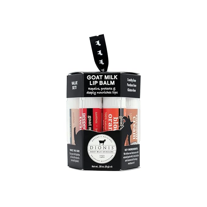 Dionis Goat Milk 6 Pc Lip Balm Ornament - Vanilla, Coconut, Milk & Honey, Berry, Peppermint & Blood Orange Scented Chapstick - Shea Butter & Coconut Oil, Protect & Restore Lips 0.28oz-Velvo Beauty