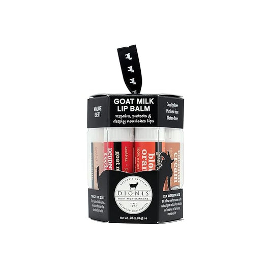 Dionis Goat Milk 6 Pc Lip Balm Ornament - Vanilla, Coconut, Milk & Honey, Berry, Peppermint & Blood Orange Scented Chapstick - Shea Butter & Coconut Oil, Protect & Restore Lips 0.28oz-Velvo Beauty