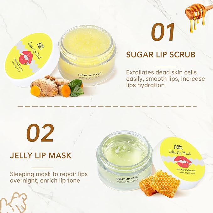 ANAIRUI Lip Therapy Set - Lip Care Kit - Includes Sugar Lip Scrub & Jelly Lip Sleep Mask, Lips Balm & Moisturizer, Dark Lip Care, Moisturizing for Fuller, Softer Lips (Turmeric & Honey)-Velvo Beauty