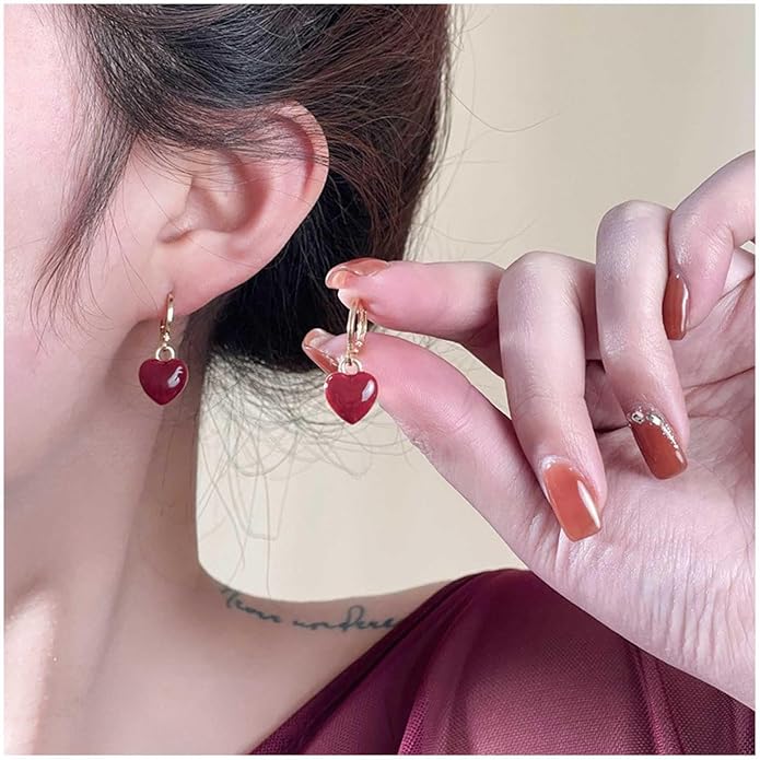 Vintage Heart Dangle earrings Red Coral Earrings Red Heart Love Huggie Earrings Gold Hoop Huggie Earrings Jewelry for Women-Velvo Beauty