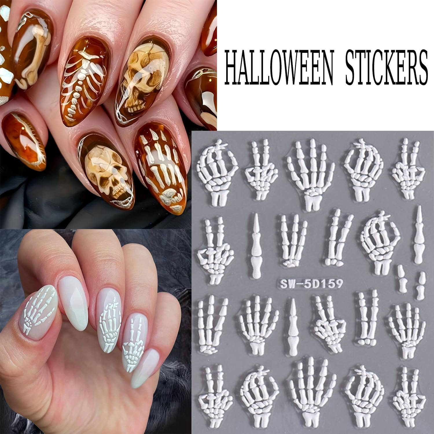 Halloween Nail Art Stickers 5D Relief Skeleton Hand Rose Flowers Nail Decals Self -Adhesive Gold Rose Gold White Nail Decals Holographic Halloween Nail Decoration for Women Manicure Supplies-Velvo Beauty