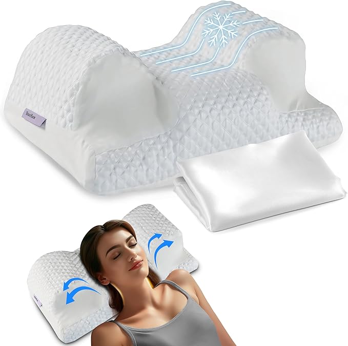 YourFacePillow, Back Sleeper Beauty Pillow, Cervical Neck Pillow Contour Memory Foam Pillow, Ergonomic Neck, Back & Shoulder Support. Back Sleeping Reduces Pressure on Skin - Cooling with Satin Case-Velvo Beauty