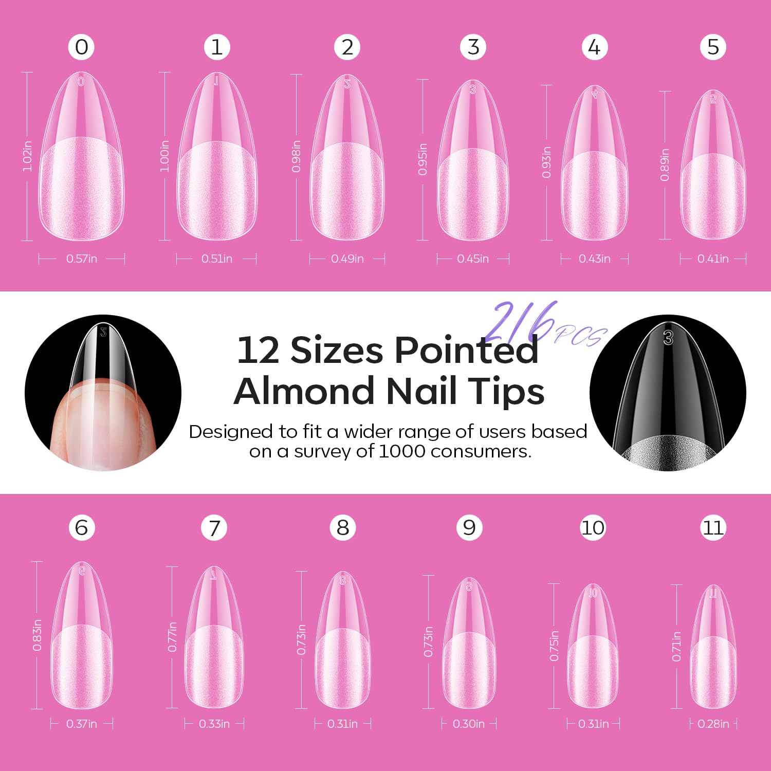 modelones Pointed Almond Nail Tips, Medium Pre-shaped Soft Gel Tips Fake Nails False Acrylic Clear Full Cover Press on Extension Gel Kit Manicure DIY at Home 216PCS 12Sizes-Velvo Beauty