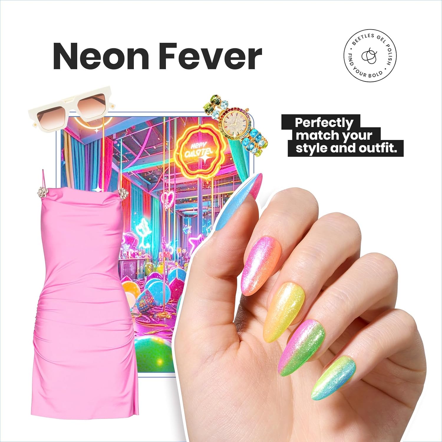 Beetles Neon Nail Polish Set, 6 Colors Glitter Nail Polish Kit Shimmer Pink Blue Green Yellow Orange Neon Fever Quick Dry Fingernail Polish Gifts for Women Salon DIY Manicure Kit-Velvo Beauty