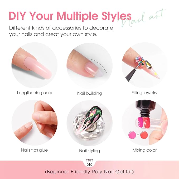ROSALIND 14 Colors Poly Nail Gel Kit with Mini Nail Lamp Pink Brown Poly Nails Gel Kit Starter Kit With Slip Solution Kit Pink Extensions Gelfor Nail Manicure Beginner-Velvo Beauty