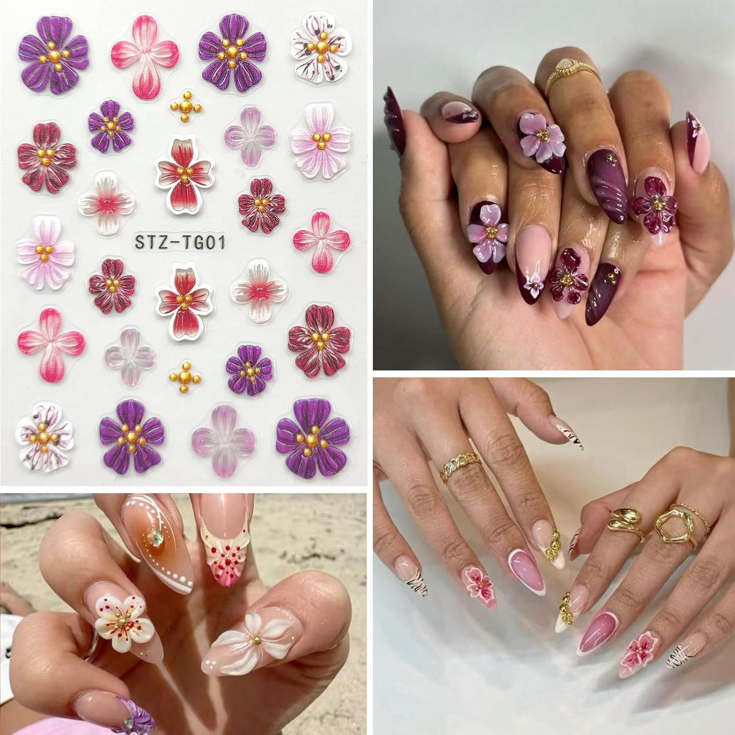 Flower Nail Art Stickers Decals 5D Embossed Nail Decals Spring Summer Pink Purple Nails Design Self-Adhesive Supplies Accessories 3D Flower for Women Nails DIY Decoration(5 Sheets)-Velvo Beauty