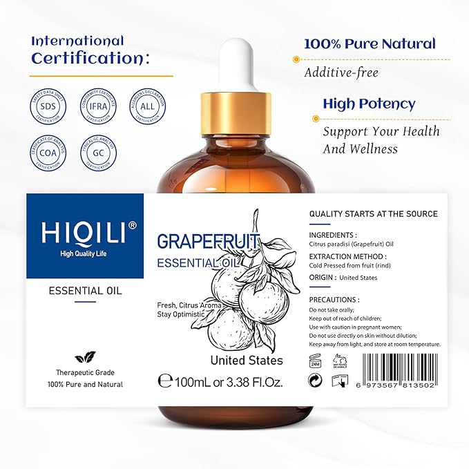 HIQILI 100 ml Grapefruit Essential Oil, for Diffuser, Skin Care, 100% Pure and Natural - 3.38 Fl Oz-Velvo Beauty