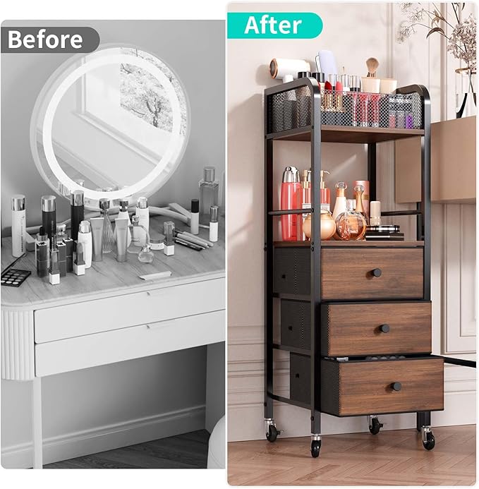 HapiRm Rolling Makeup Cart Organizer - Floor Skincare Make Up Storage with 3 Drawers, Vanity Organizer Cosmetic Display Cases Holder for Skin Care Perfume Nail Polish Brush Hair Tool-Velvo Beauty