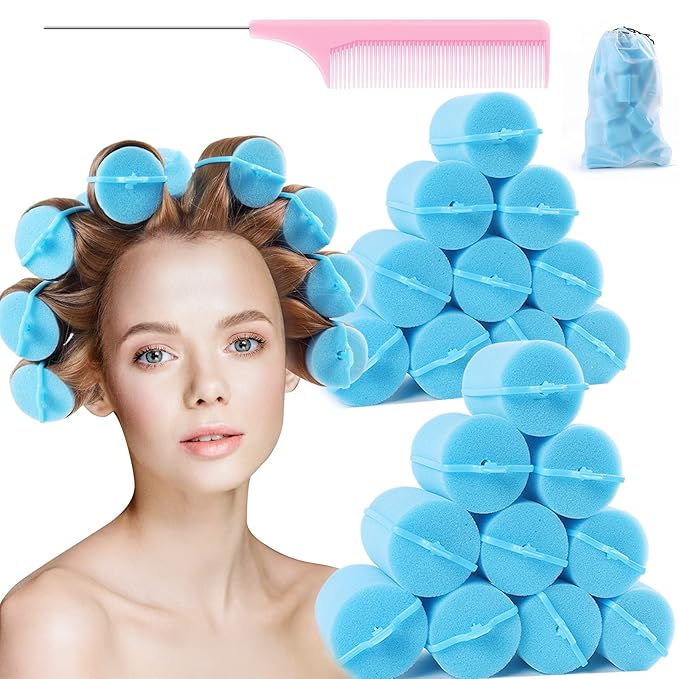 Jumbo Foam Sponge Hair Roller Soft Sleeping rollers Curvy Wavy Hairstyle Curling Hair Styling Tools 24 Pieces Use For Long Hair Short Hair Ladies And Children 2"X2.75"(blue)-Velvo Beauty