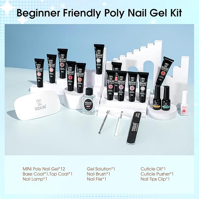 ROSALIND Poly Nail Gel Kit -12 Colors + Nail Art Accessories Kit Summer Neon Poly Nails Gel Kit Starter Kit With Slip Solution Pro Bright Colors Nail Extensions Gel Set with Mini UV Lamp-Velvo Beauty