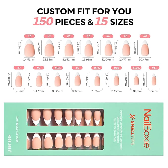 modelones French Tip Press on Nails, 150Pcs M-Almond Fake Nails with Nail Box, Deep Nude Gel Nail Tips for Women, Soft Glue-On Nails for Natural Salon Look, DIY Nail Art Kit (15 Sizes)-Velvo Beauty