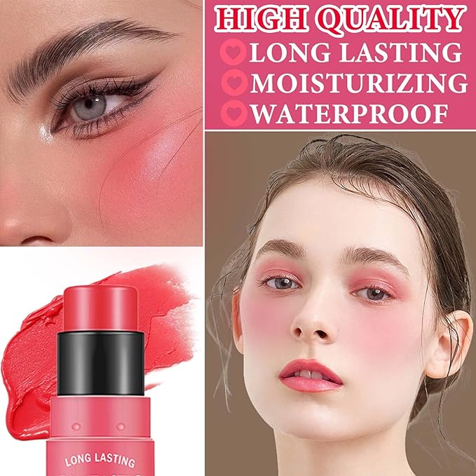 Cream Blush Stick,Blush Stick for Cheeks with Contour Brush,3-in-1 Long Lasting Waterproof Blush&Eye Shadow&Lip Gloss for All Skin Types（02 Rose Pink）-Velvo Beauty
