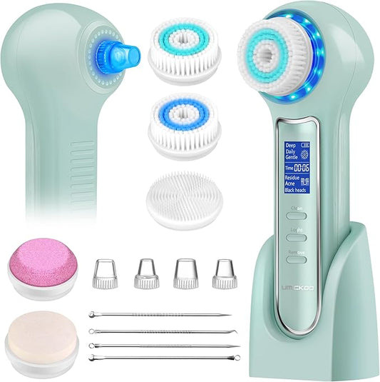Face Scrubber Exfoliator,Facial Cleansing Brush Waterproof with LCD Screen,Blackhead Remover Vacuum with 5 Brush Heads,Face Spin Brush for Exfoliating (Green)-Velvo Beauty
