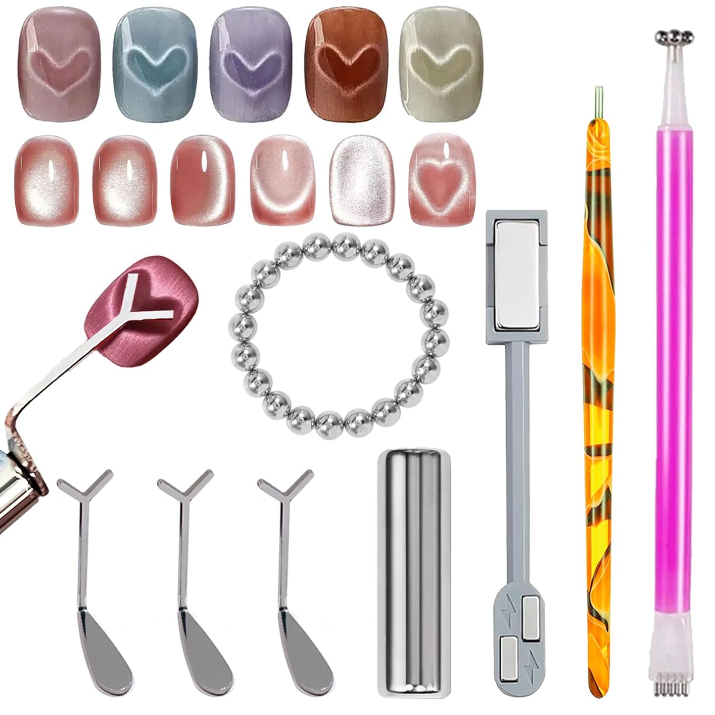 24 Pcs Cat Eye Magnet for Nails + 3 Y-Shaped Metal Brackets for Heart Cat Eye Effect Cylindrical Nail Magnet Magnetic Beads Magnet Double Ended Flower Magnet Stick for Cat Eye Nail Polish-Velvo Beauty