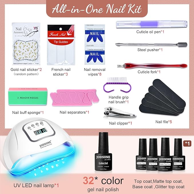 JODSONE Gel Nail Polish Kit with U V Light 32 Color Soak Off Base&Top Glitter Coat Gel Polish for DIY Manicure Lovers-Velvo Beauty