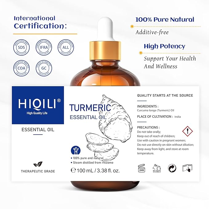 HIQILI 100ML Turmeric Oil for Face Skin Care, Aromatherapy,100% Pure, Use After Dilution- 3.38 Fl Oz-Velvo Beauty