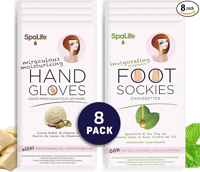 SpaLife Moisturizing Hand Gloves and Foot Sockies Bundle - 4 Hand Gloves & 4 Foot Sockies Set for Hydrating Dry, Cracked Hands and Feet - Repairing Skincare Mini Gift Set-Velvo Beauty