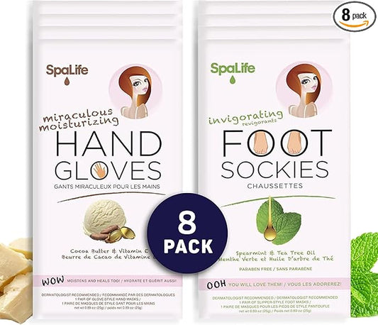 SpaLife Moisturizing Hand Gloves and Foot Sockies Bundle - 4 Hand Gloves & 4 Foot Sockies Set for Hydrating Dry, Cracked Hands and Feet - Repairing Skincare Mini Gift Set-Velvo Beauty