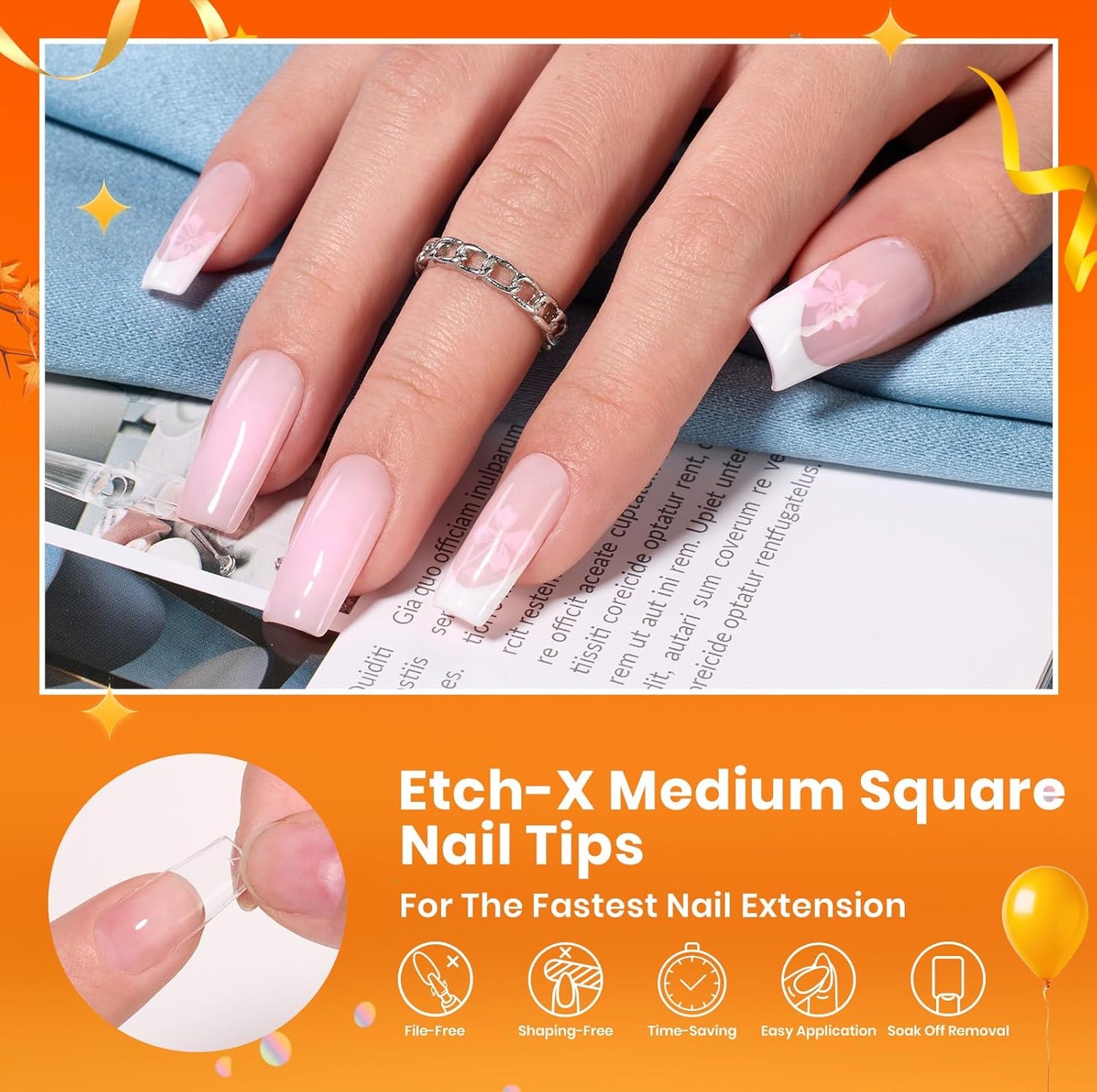 Beetles Gel Nail Tips Etch-X, Square Medium, 288Pcs 12 Sizes, Pre-Etched Half Matte Soft Acrylic False Nail Tips Full Cover Easy DIY Fake Press On Fall Nail Extension Salon Gift for Women-Velvo Beauty