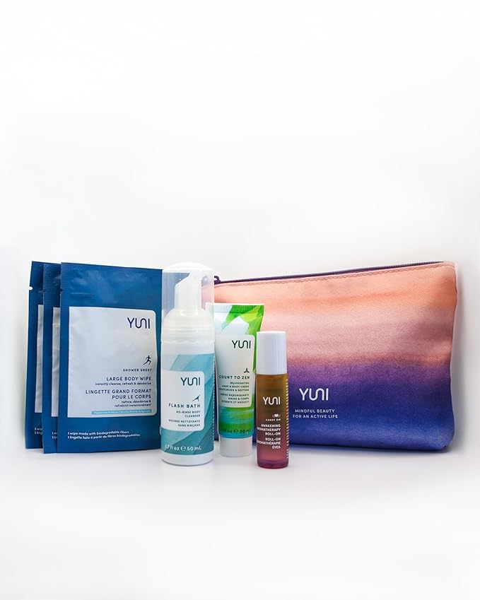 YUNI Beauty Natural Travel Essentials Kit (7pc kit) Beauty On the Run Travel Size Body Care Kit - Cleanse, Refresh, Hydrate - Save Time - All Natural, Paraben-Free, Cruelty-Free-Velvo Beauty