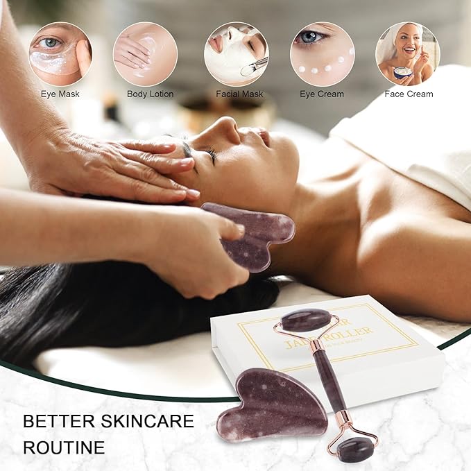 Jade Roller for Face, Facial Roller Massager Skin Care Tool, Gua Sha Facial Tools for Face, Neck, Eyes, Reduce Puffiness of The Skin(Purple)-Velvo Beauty