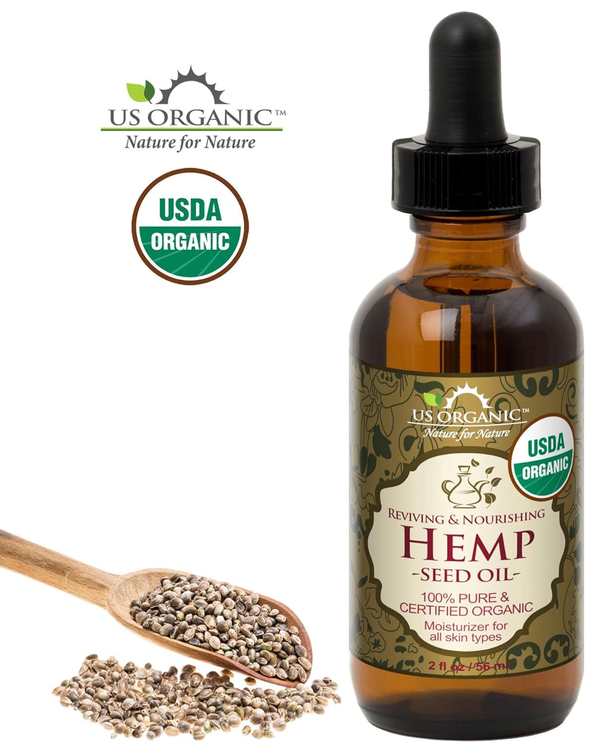 US Organic Hemp Seed Oil, Certified Organic, Pure & Natural, Cold Pressed Virgin, Unrefined, Amber Glass Bottle with Glass Eye Dropper for Easy Application (2 oz (56 ml))-Velvo Beauty