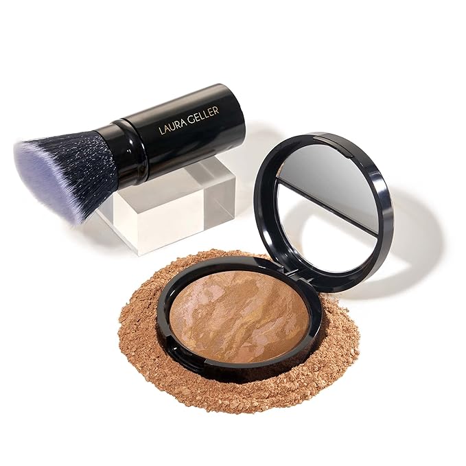 LAURA GELLER NEW YORK Baked Balance-N-Brighten Color Correcting Foundation, Sand + Kabuki Brush-Velvo Beauty