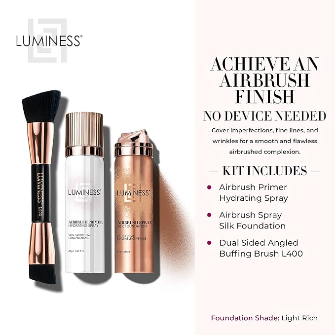 LUMINESS Airbrush Spray Silk Foundation Starter Kit - Light Rich - Foundation, Primer & Dual-Sided Angled Buffing Brush - Medium, Buildable Coverage, Anti-Aging Formula Hydrates & Moisturizes-Velvo Beauty