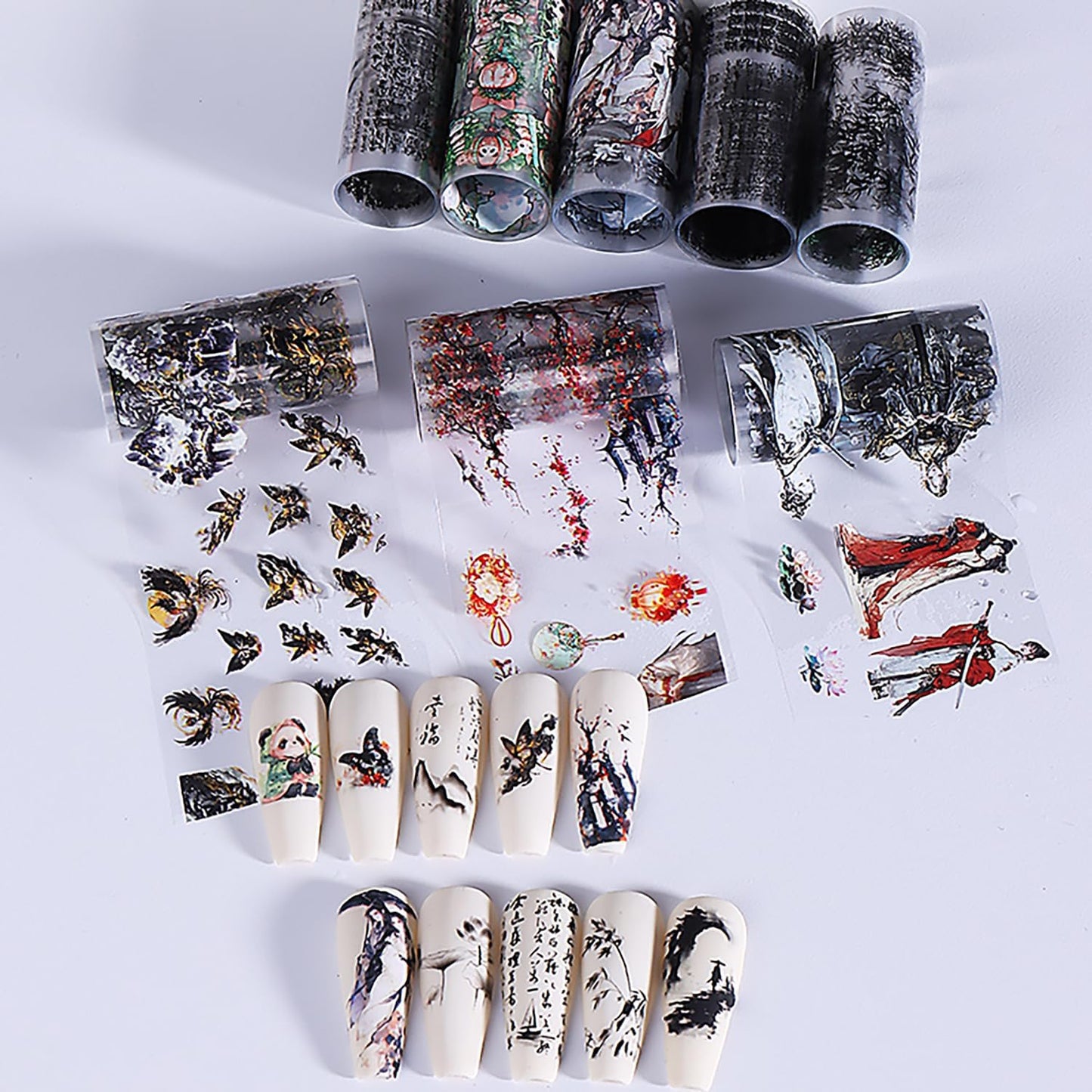 10 Rolls Nail Foils Transfer Nail Art, Chinese Style Nail Foil Transfer Stickers Self Adhesive Nail Art Supplies Decals Cute Panda Manicure Accessories Fall Winter Nail Decorations for Women-Velvo Beauty