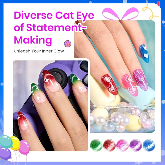 Beetles Cat Eye Gel Nail Polish, 6 Colors Summer Cat Eye Glitter Gel Polish Set Neon Red Pink Purple Blue Green with Magnet Velvet Gel Kit French Nail Art Manicure Gift for Women-Velvo Beauty
