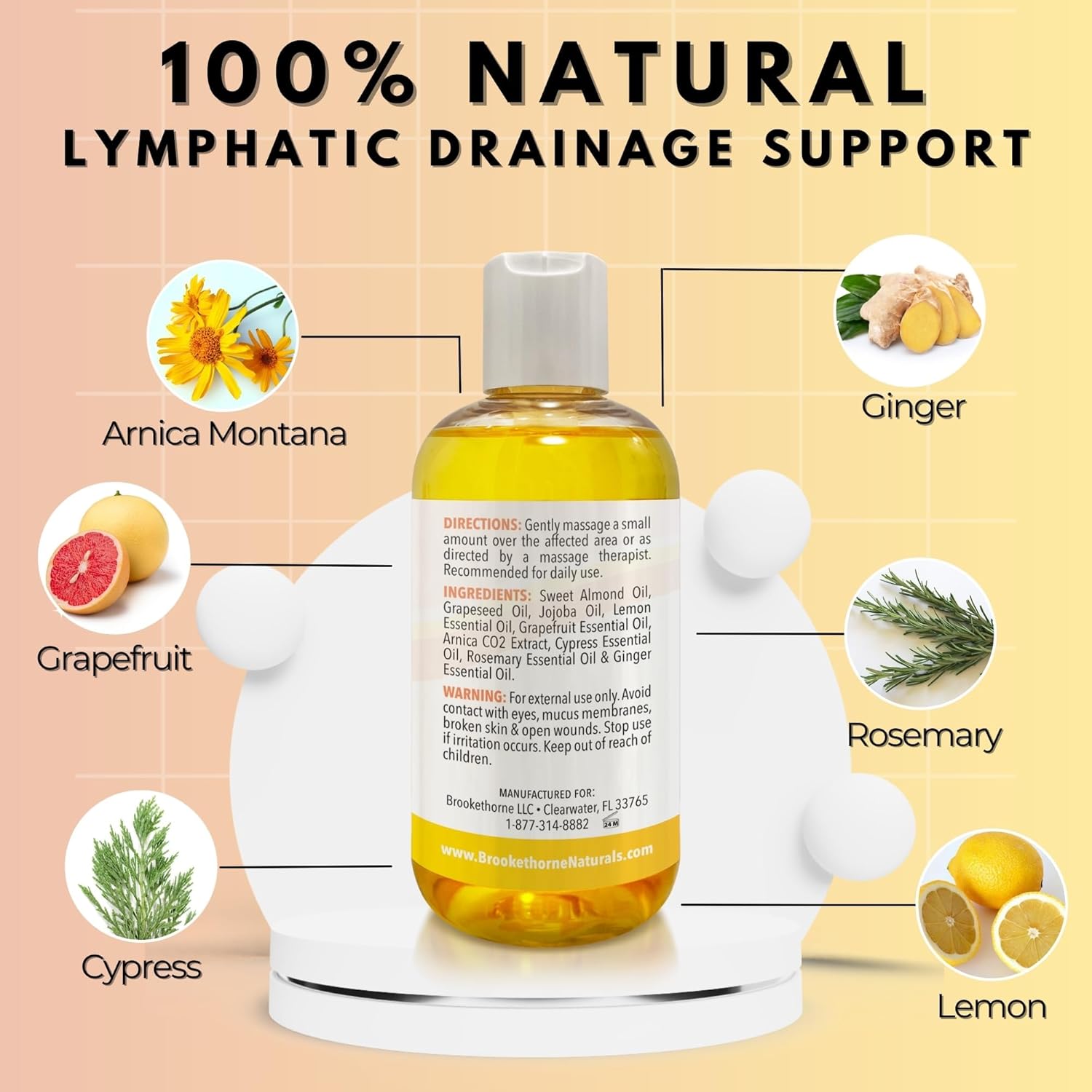 Lymphatic Massage Oil for Massage Therapy | 100% Natural Lymphatic Drainage Oil | Premium Quality with Arnica, Lemon & Ginger | for Post Surgery Recovery & Detox | 8oz by Brookethorne Naturals-Velvo Beauty