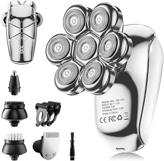 Detachable Head Shavers, SHPAVVER 5 in 1 Electric Razor IPX7 Waterproof for Bald Men, Wet Dry LED Display Rechargeable 7D Rotary Shaver Grooming Kit with Type C Charge A，Bright Silver-Velvo Beauty