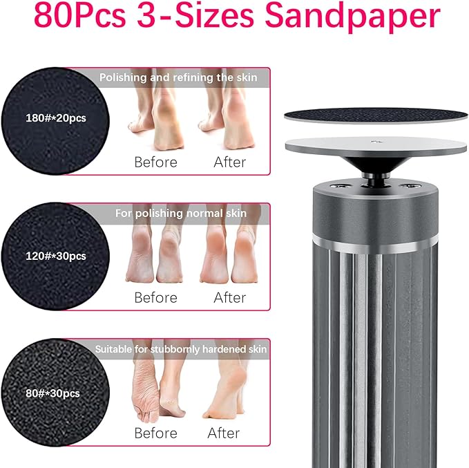 5.3'' Electric Foot Callus Remover with 80pcs Sandpaper Discs & Brush, Professional Aluminum Ergonomic Pedicure Tool, Stepless Speed & Reverse Control for Dead Skin Removal (Grey)-Velvo Beauty