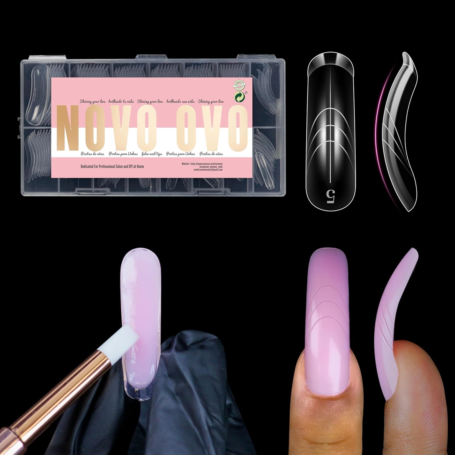 Helloween Curved Square Nail Dual Forms for Poly Gel Extension with Guiding Line Inside, M L XL Reusable Full Cover Acrylic/Builder/Hard Gel Polygel Molds for Salon DIY x 15 sizes 150 Pcs-Velvo Beauty