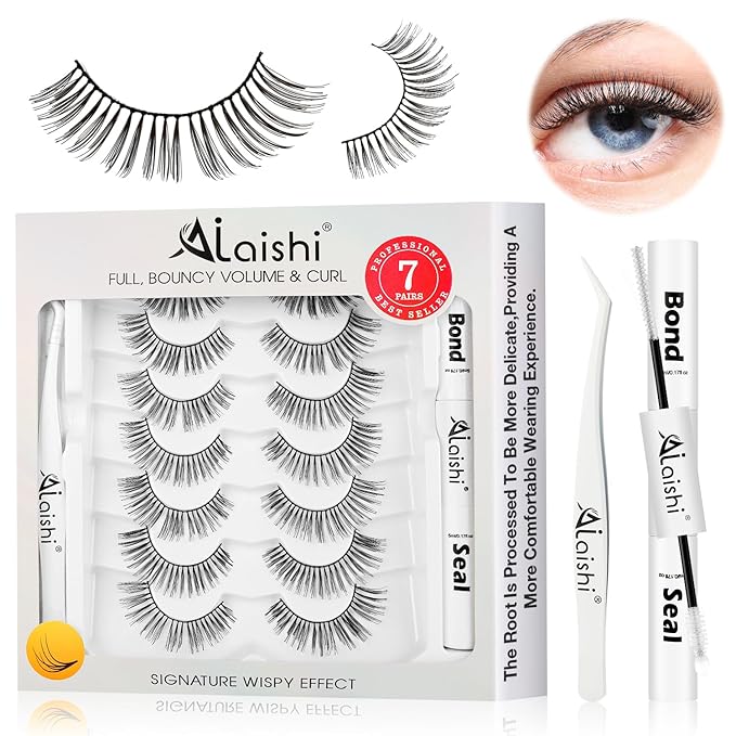 Wispy False Eyelashes Kit With Bond, Seal and Tweezer, 7 Pairs Natural Look Fake Cat Eye Lashes Strips Thin Band Extensions Waterproof Easy Eyelashes for Beginners DF1-Velvo Beauty