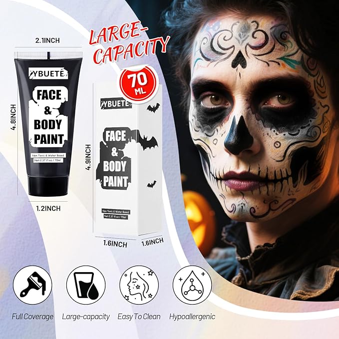 Black Water Based Face Body Paint, 2.37 OZ Large Tube Full Coverage Washable Face Paint Cream for Adult Carnival Cosplay Halloween SFX Skull Joker Zombie Vampire Skeleton Goth Makeup-Velvo Beauty