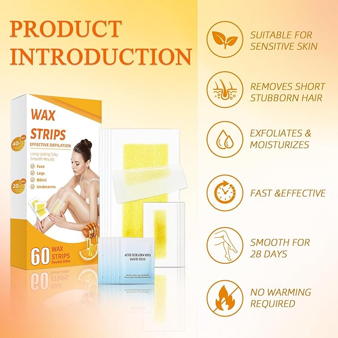 Wax Strips for Hair Removal, Waxing Kit For Women, 60 Pcs - 40 Body Wax Strips, 20 Pcs for Face, 6 Cleansing Oil Towelettes Suitable for Face/Legs/Underarms/Bikini-Velvo Beauty