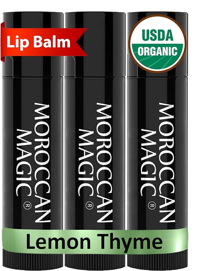 Moroccan Magic Organic Lemon Thyme Lip Balm 3 Pack | Ultra-Hydrating Argan & Essential Oil Lip Moisturizer + Vitamin E | Natural Chapstick for Dry Lips | Smooth, Non-Toxic | Organic Lip Balm-Velvo Beauty
