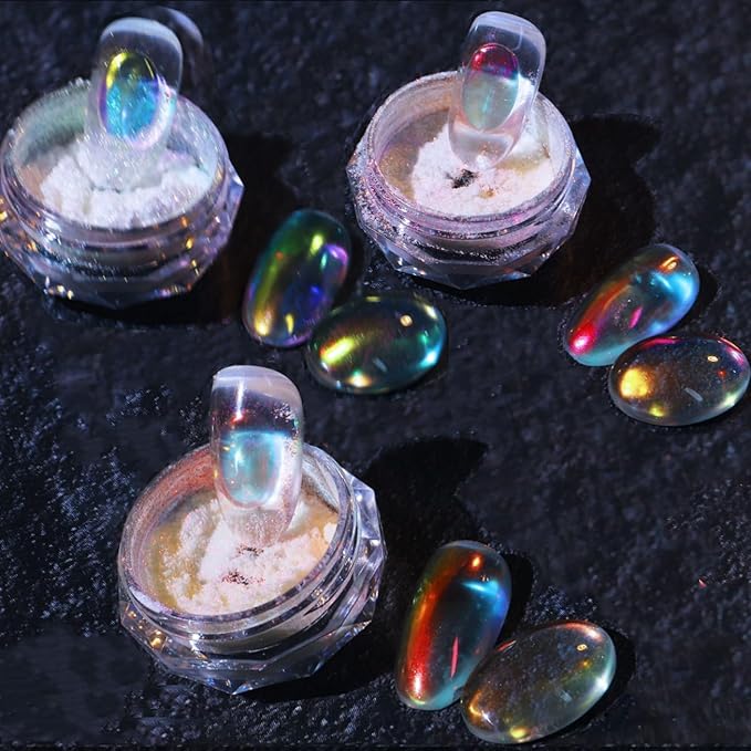 3 Boxes Ice Transparent Aurora Nail Powder Neon Rainbow Holographic Chameleon Powder Multi Chrome Iridescent Pigment Pearlescent Nail Art Glitters(Transparent#4#5#6)-Velvo Beauty