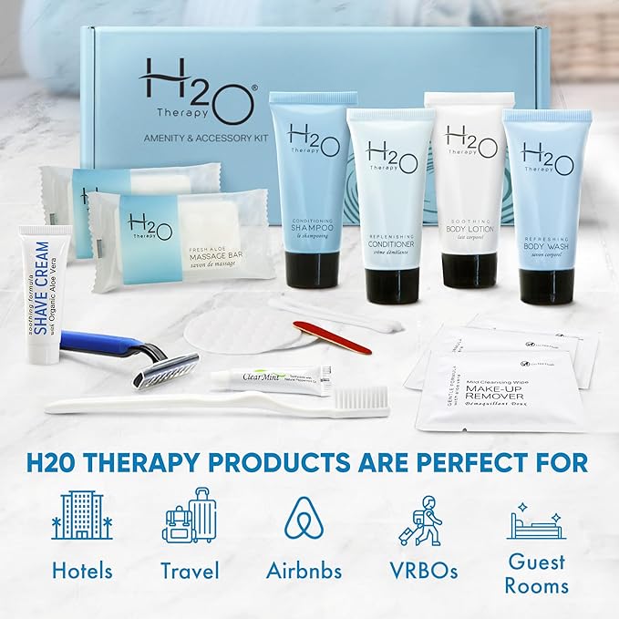 H2O Therapy Amenity & Accessory Kit | 0.85 oz Travel Size Shampoo, Conditioner, Lotion, Body Wash, Massage Bar, Cleansing Bar, Shave & Dental Sets, Make-Up Remover Wipes, & Vanity Kit | 60 sets/case-Velvo Beauty